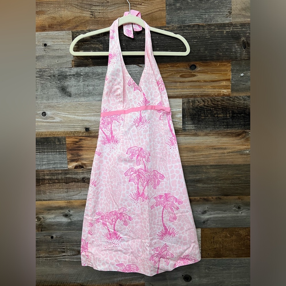 VTG Lilly Pulitzer Halter Dress Giraffe Palm Tree Print Pink Size 4